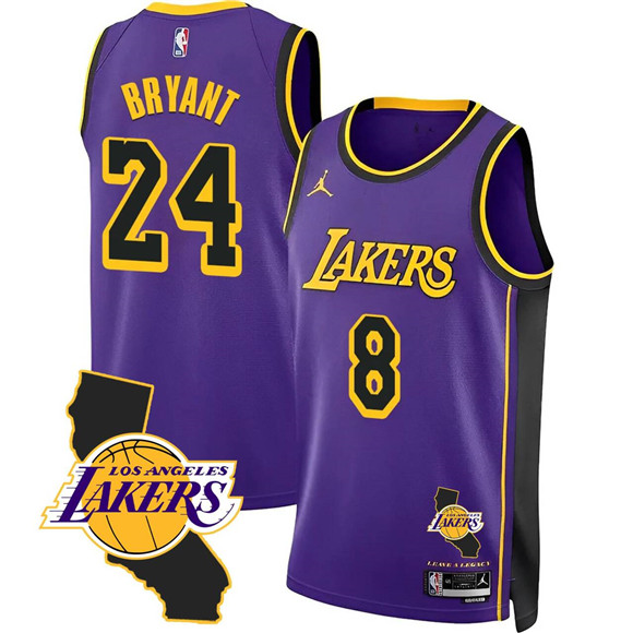 Men's Los Angeles Lakers Front #8 Back #24 Kobe Bryant Purple 2025 California Patch Stitched Basketball Jersey Men's Los Angeles Lakers Front #8 Back #24 Kobe Bryant Purple 2025 California Patch Stitched Basketball Jersey